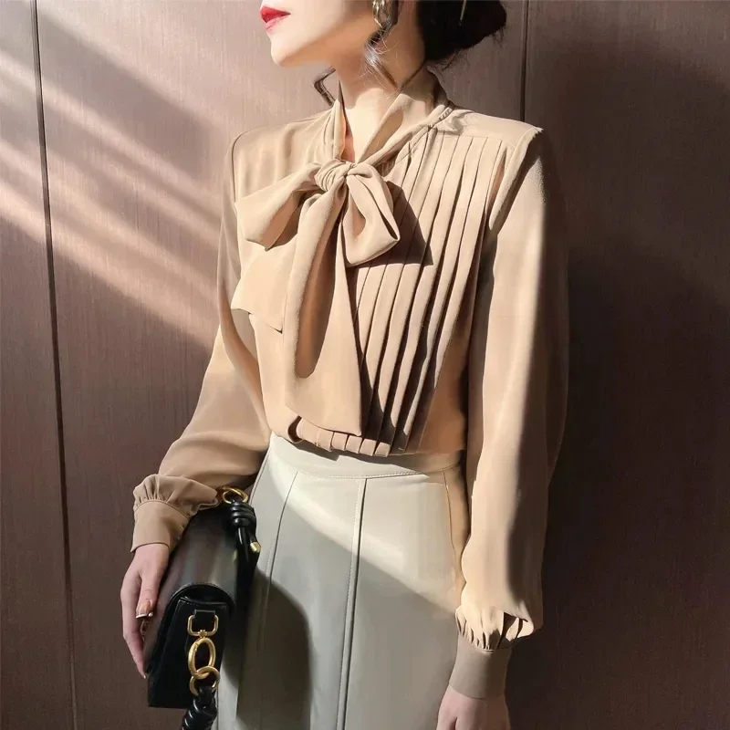 Elegant Bow Neck White Shirts Women Long Sleeve Korean Fashion Clothing Blusas Mujer Work Chiffon Blouses Office Ladies Tops y2k