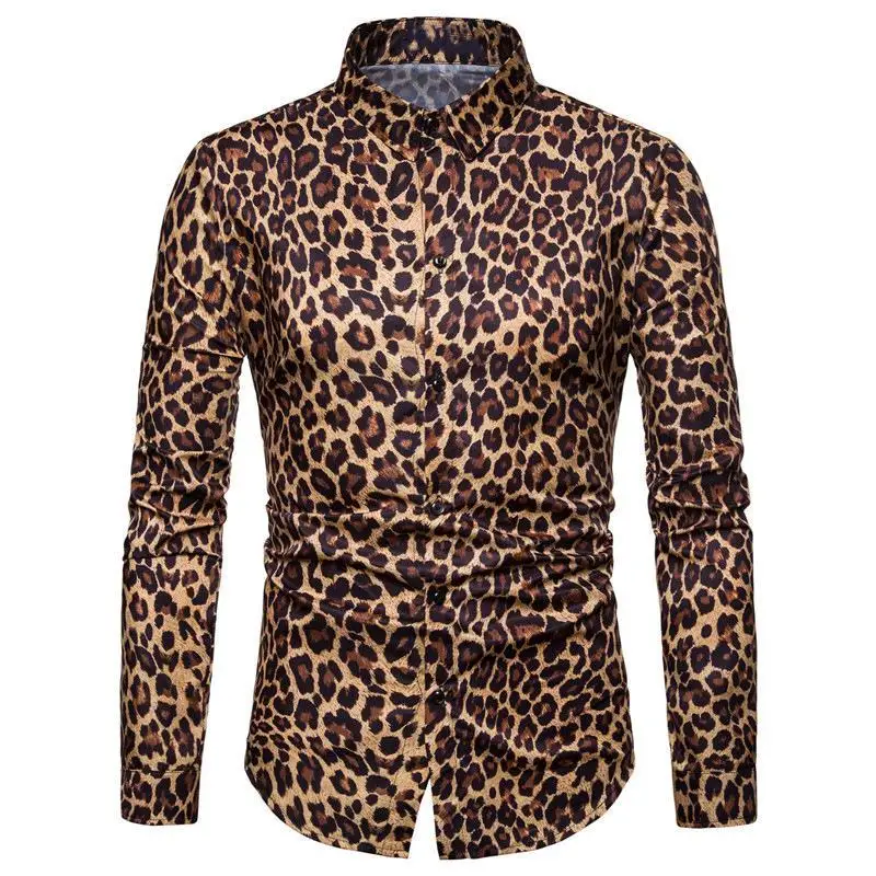 

European Sle Men's Casual Leopard Print irt Spring Autumn Loose Fit Long Sve Thiened Fce Collared Button up