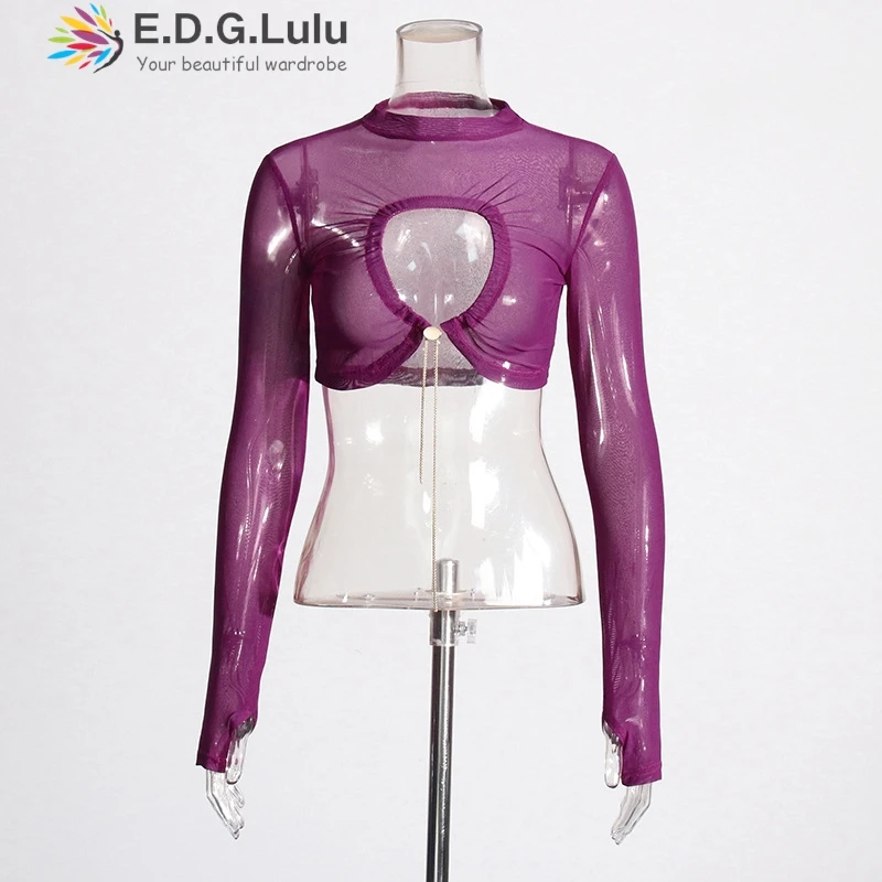 EDGLuLu Sexy Perspective Slim Short Top 2026 New Design Round Neck Long Sleeved See Through Hollow Purple T-Shirt 0531