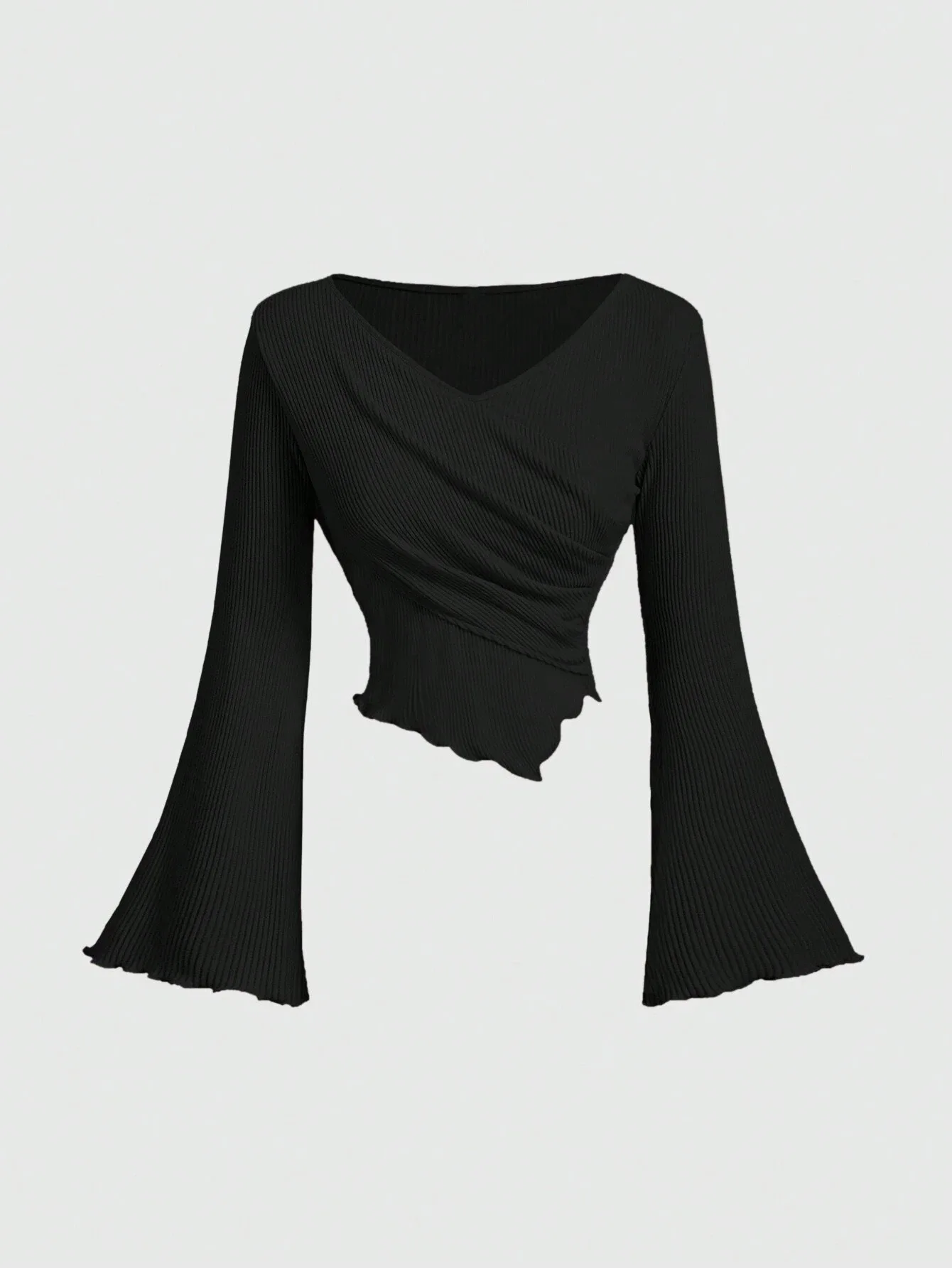 

New Irregular T-shirt For Autumn Winter Elegant Fashionable Fit Commuter Style Tops Knitted Bell Sleeves Pleated V-neck Clothing