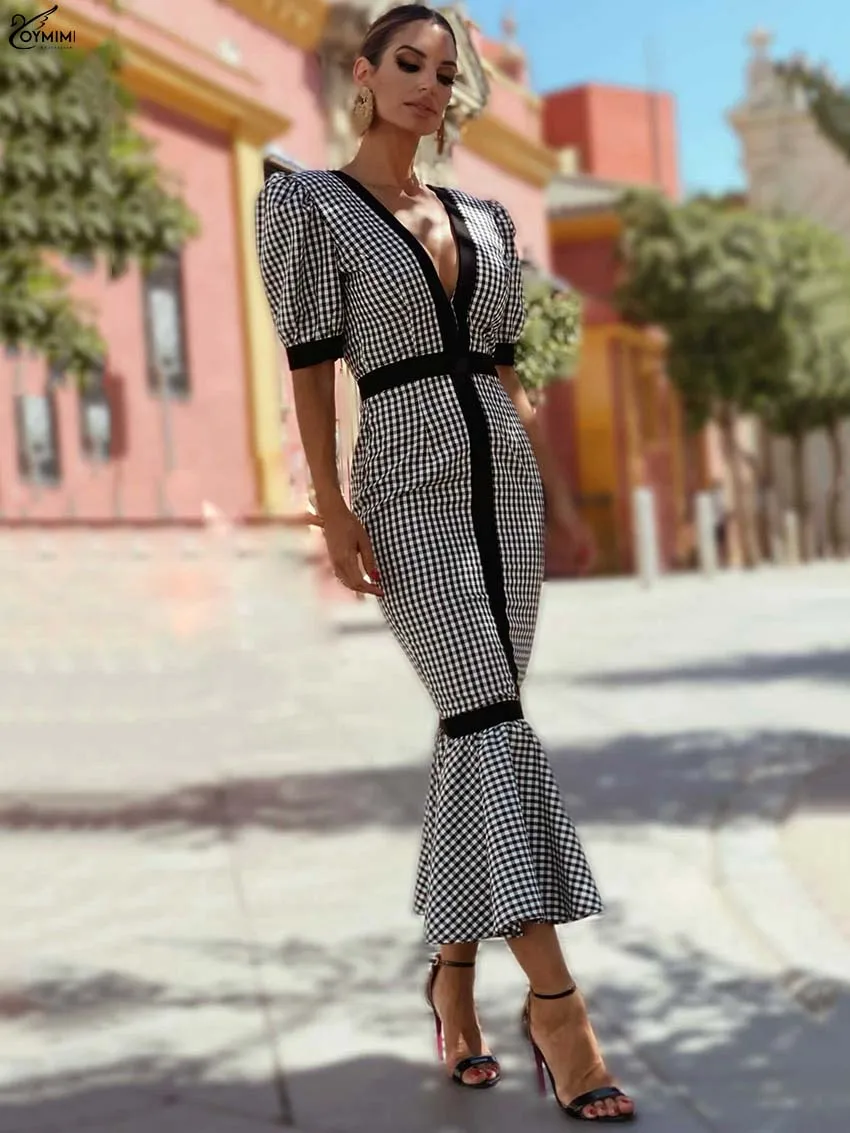 

Oymimi Elegant Black Print Women's Dress Fashion Deep V-Neck Half Sleeve Open Back Dresses Casual Zipper Lace-Up Mermaid Dresses