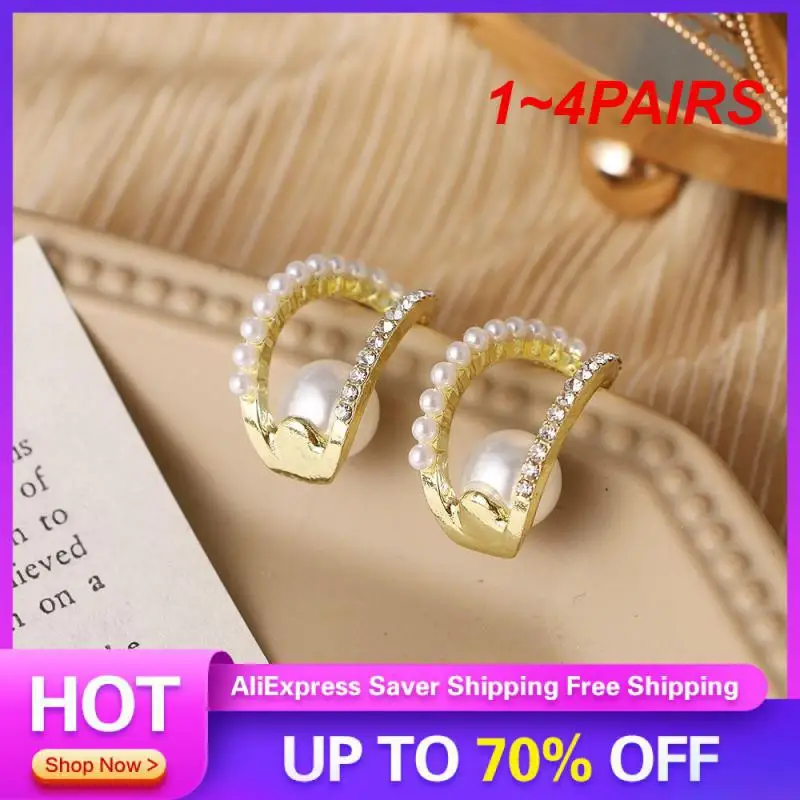 1~4PAIRS Pearl Earrings With Joker Commuter Korean Goddess Double Ring Jewelry Gift C- Shaped Earrings Temperament Fashion