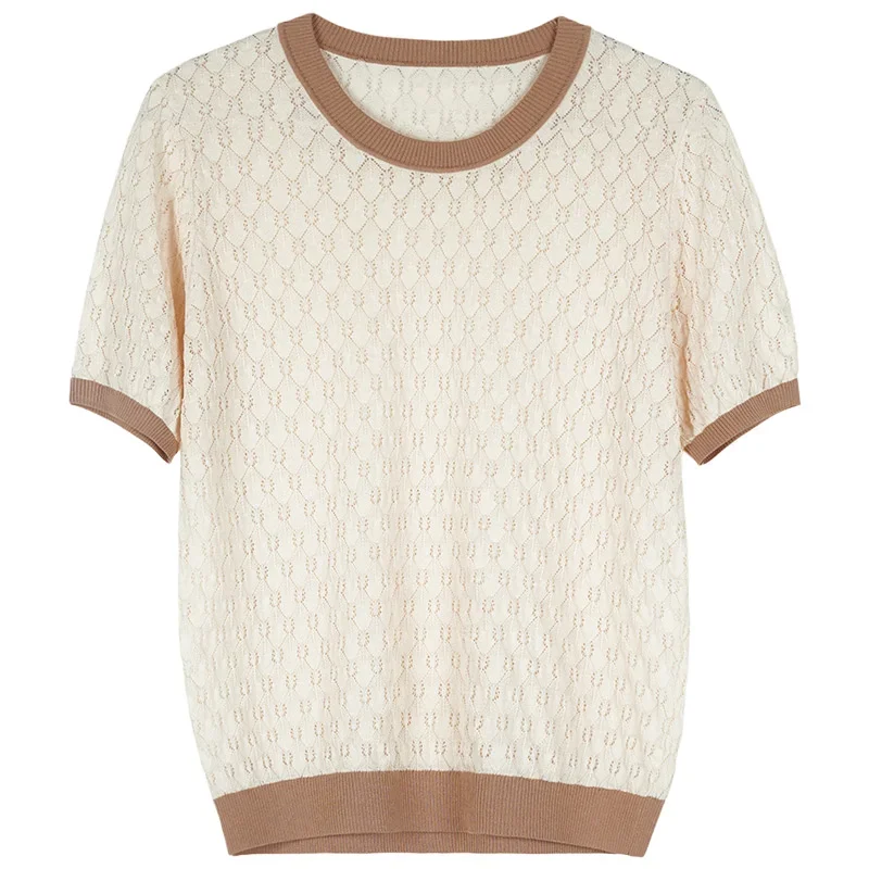 

Women Tops Fashion Hollow Out Loose Clothes 2023 New Casual Ice Silk Shirts Summer Short Sleeve Blouse Knitted Shirt 27861