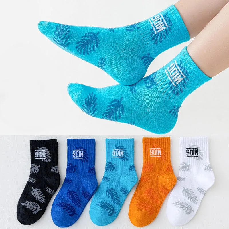 5 Pairs Kids Leaf Print Crew Socks Soft Cotton Breathable Boys Casual Mid-Calf Socks Daily Wear