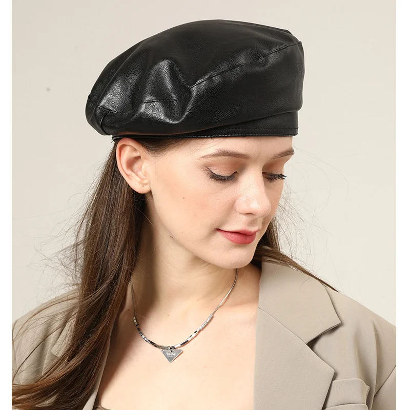 PU Leather Beret Caps New Fashion Men Women Beret Hat Unisex Beanies