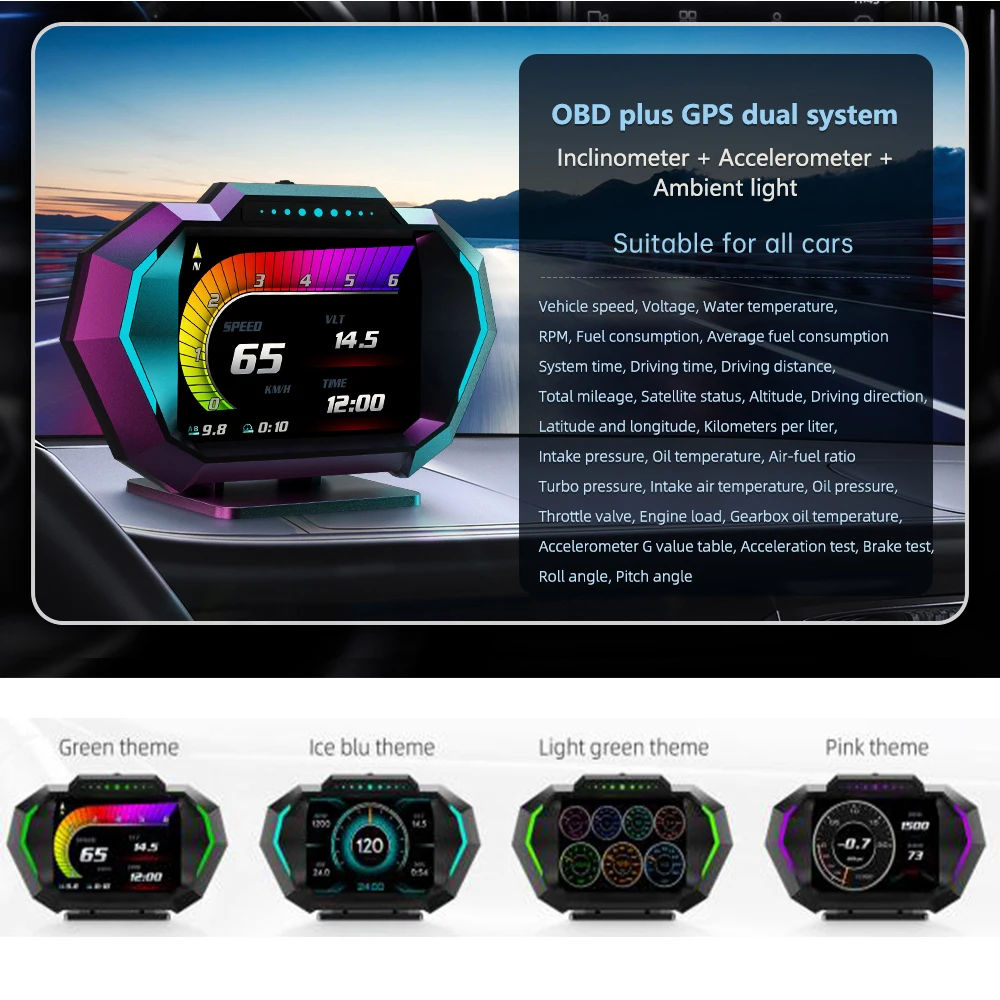 

Car Hud Obd2 Auto on Board Computer Head Up +GPS Speedometer Multi-function Full LCD Instrument OBD2 Gauge with Alarm Functions