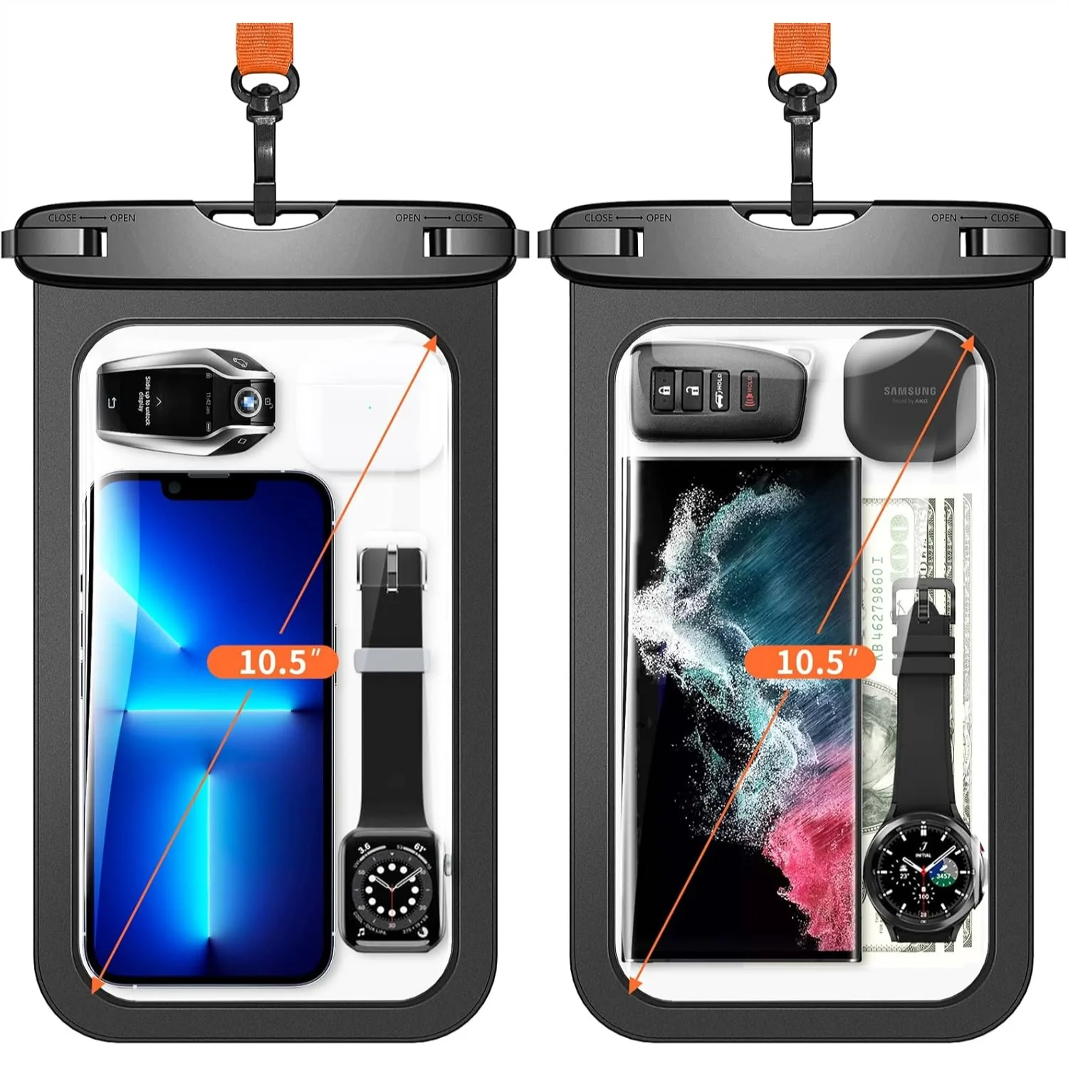 10.5" Waterproof Phone Pouch, 2 Pack IPX8 Dry Bag with Lanyard for iPhone 17 16 15 Pro Max, Samsung Galaxy S25 S24 Ultra, Pixel