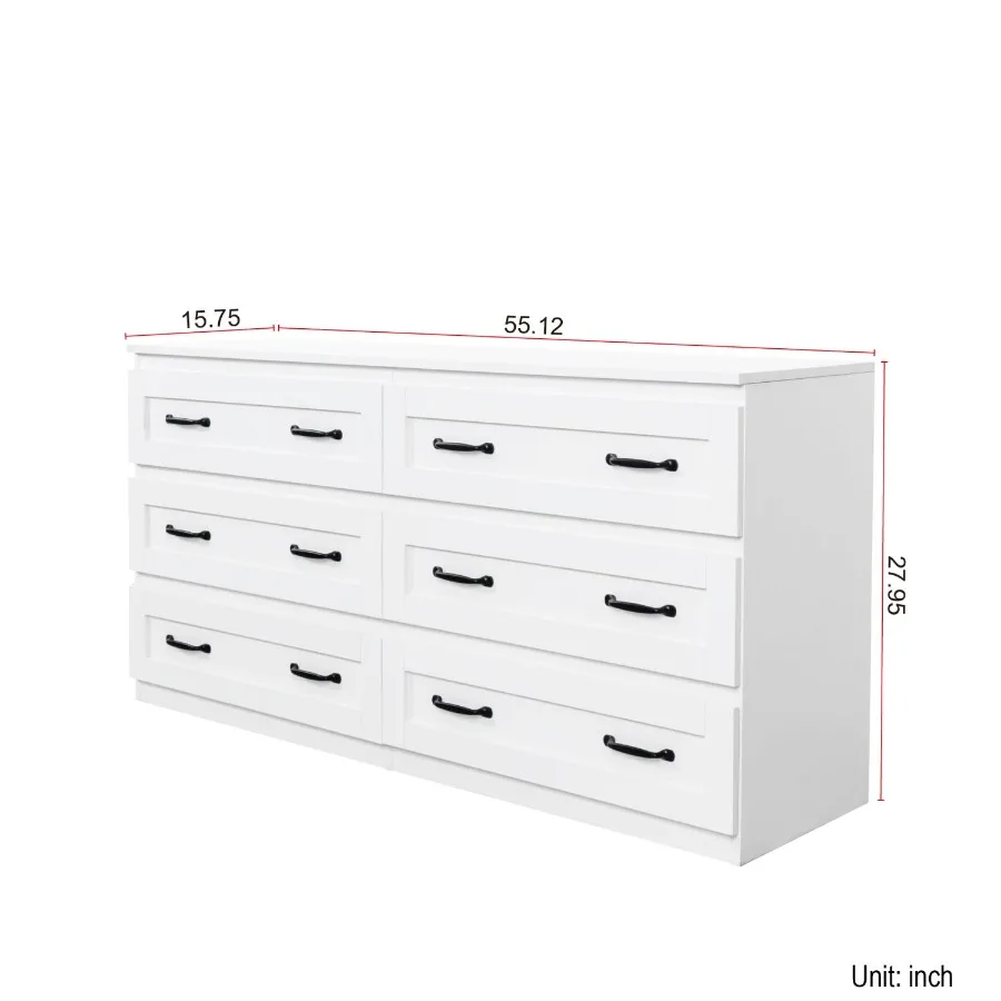 Modern white side cabinet with 6 drawers Wood Chest of Drawers with Metal Handle Storage Organizer for Living Room Bedroom or H