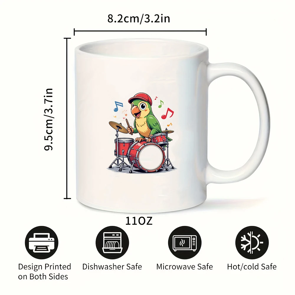 Taza de baterista de loro de dibujos animados, taza de bebida fría y caliente para niños de 11OZ, regalo de Navidad para oficina familiar