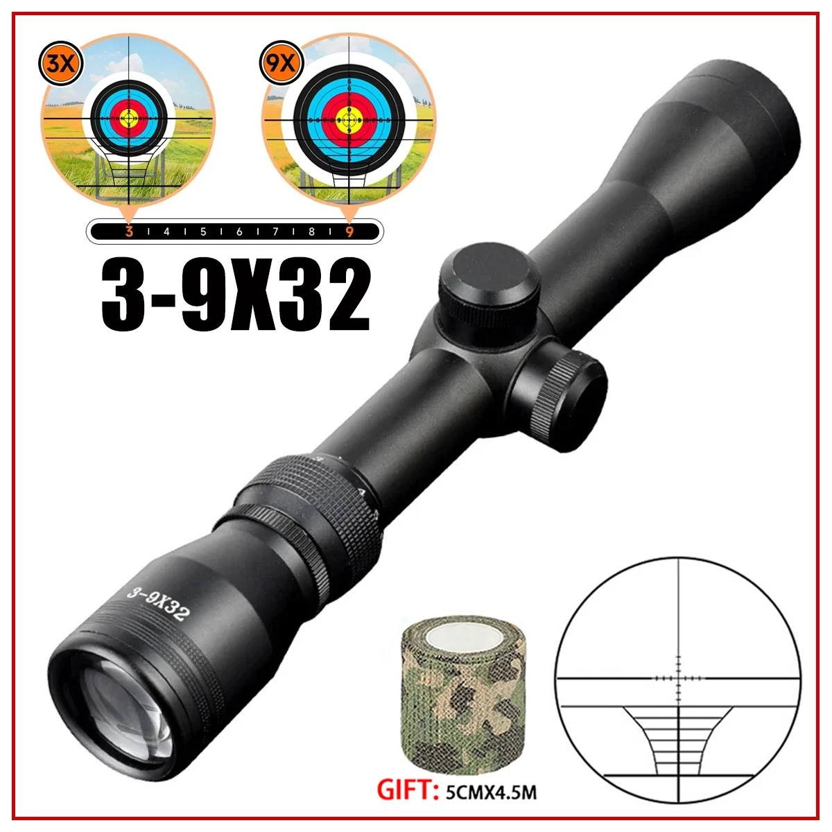 3-9x32 Tactics Hunting Riflescope Outdoor Shooting Optics Rifle Scope Adjustable Reticle Airsoft Sight 20mm/11mm Rail Mount