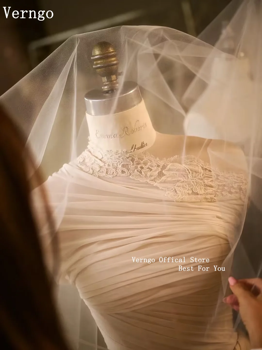 Verngo Elegant lvory Chiffon Bridal Gowns High Neck A Line Pleated Wedding Dress Modern Pleated Prom Bride Dress Customized