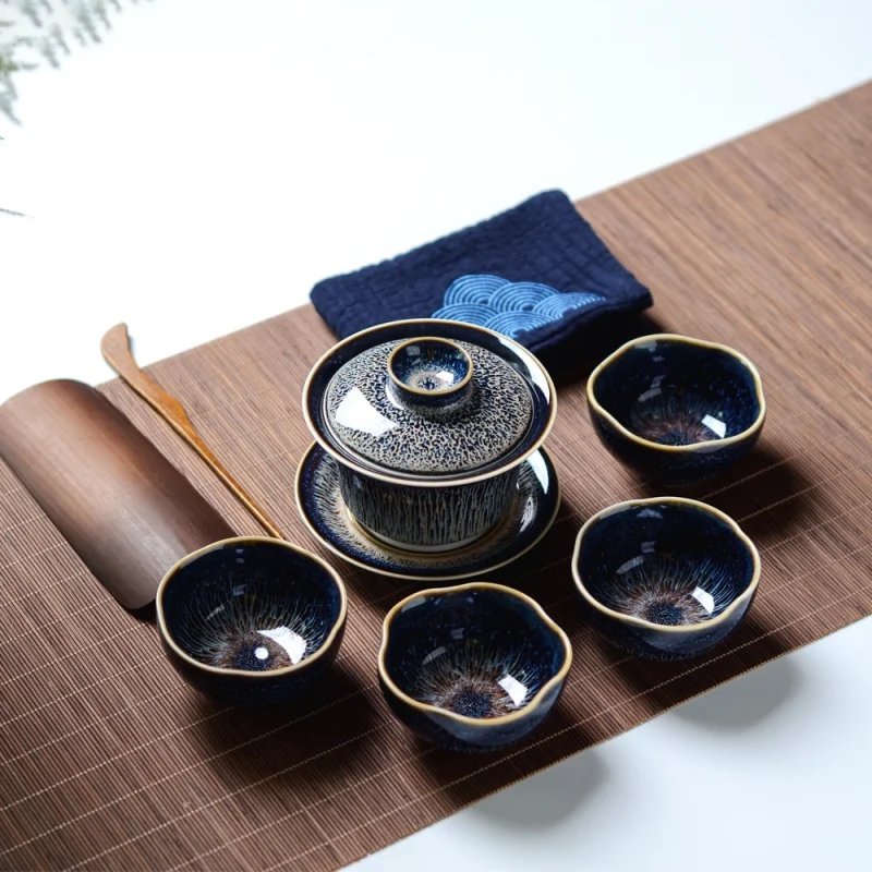 

★Jingdezhen Ceramic Fambe Temmoku Glaze Tea Bowl Tureen Large Handmade Kung Fu Tea Set Gaiwan Jun Kiln Tea Cup