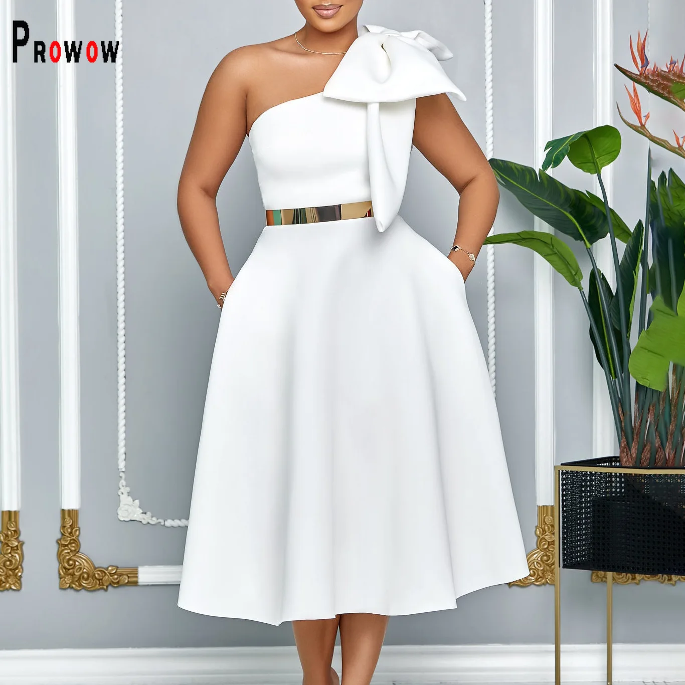 

Prowow Big Bow Women Birthday Party Dress Solid Color High Waist Slim Fit Summer Female Clothing New Design One-shoulder Outfits