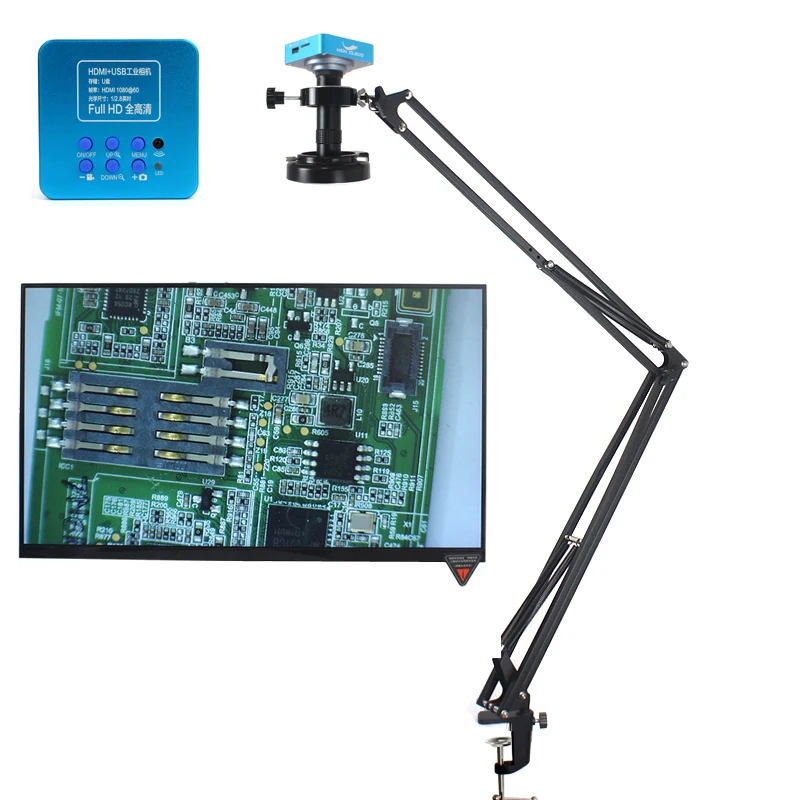 

1080P HDMI USB Industrial Video Digital Microscope Camera 130X Zoom C Mount Lens Cantilever Stand For Phone PCB Repair Soldering