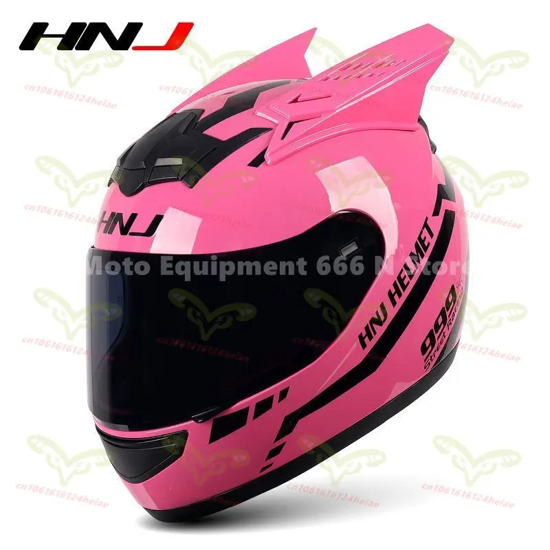 HNJ Men Motorcycle Helmet Women Full Face Helmet Riding Personality Horn Pink Helmet DOT Certification casco moto