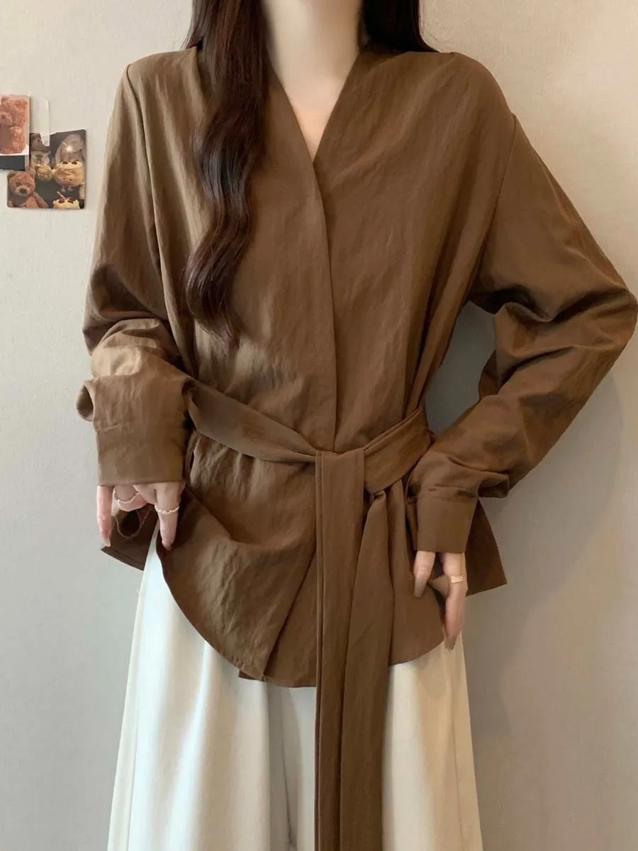 

Женский длинный пояс V-ne Sve irt с поясом на талии, ранняя осень, большие размеры, галстук большого размера, корейский, свободный крой, для поездок на работу и ветер