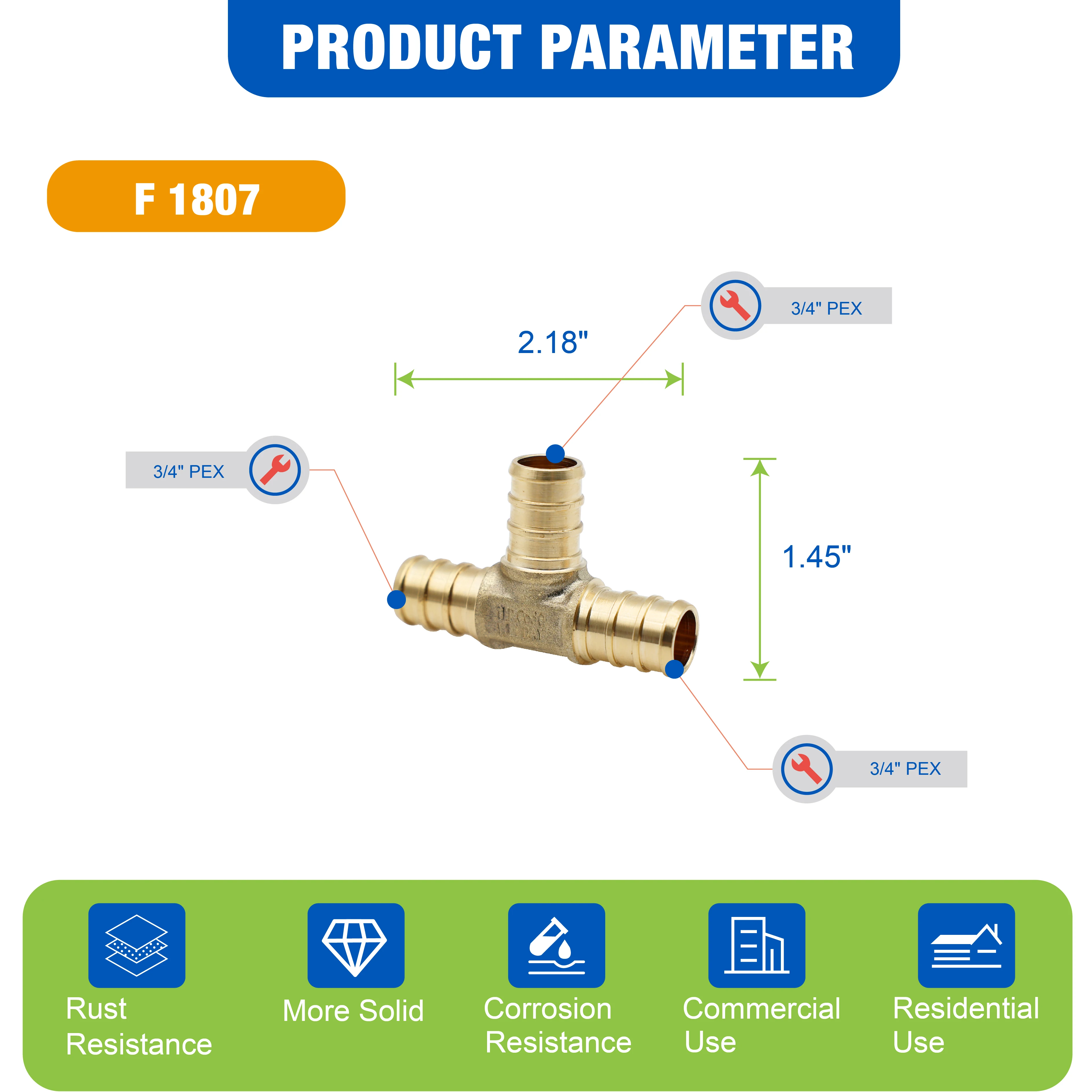 KING SMART Crimp/F1807 PEX 3/4" * 3/4" * 3/4" PEX Tee; Latón sin plomo; 20 unidades/caja; 80220