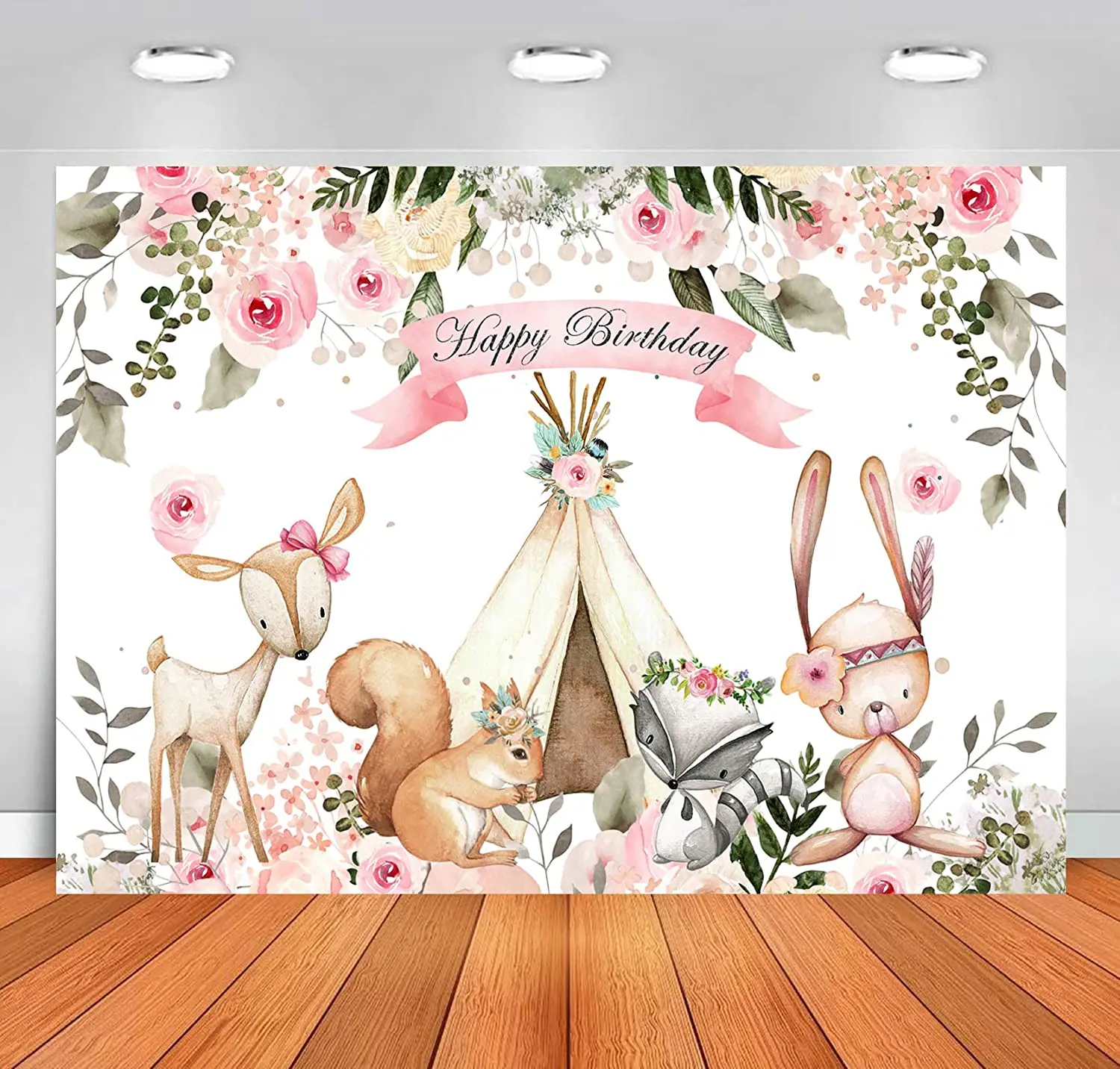 Girl 1st Birthday Photography Backdrop Forest Animals Pink Watercolor Floral Wild Background Sweet Bday Decorations Banner