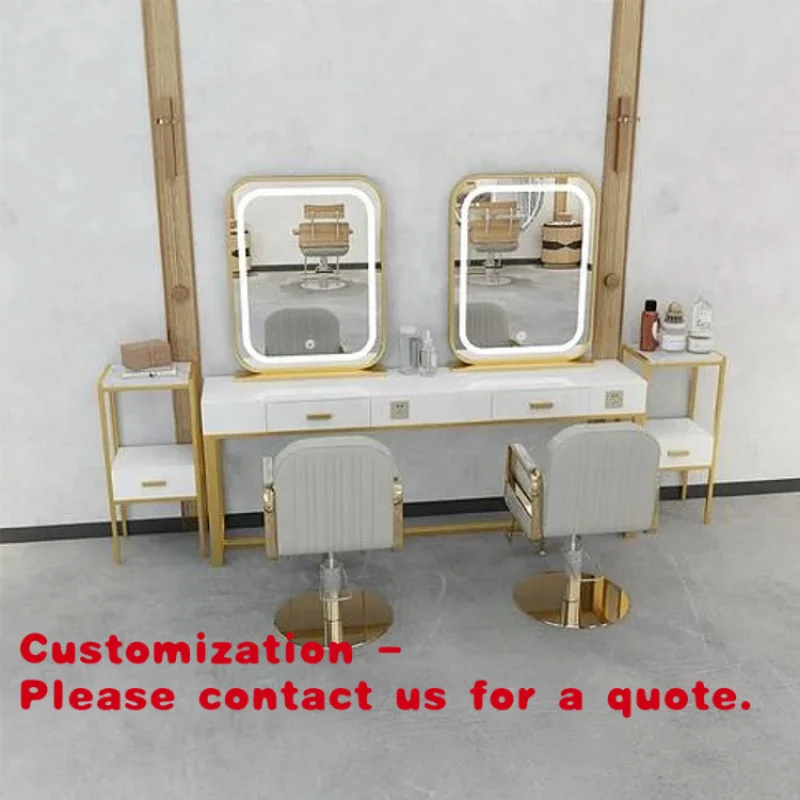 custom.Modern Portable Barbershop Station Design Salon Furniture Beauty Led Double Sided White Gold Hair Salon Mirror