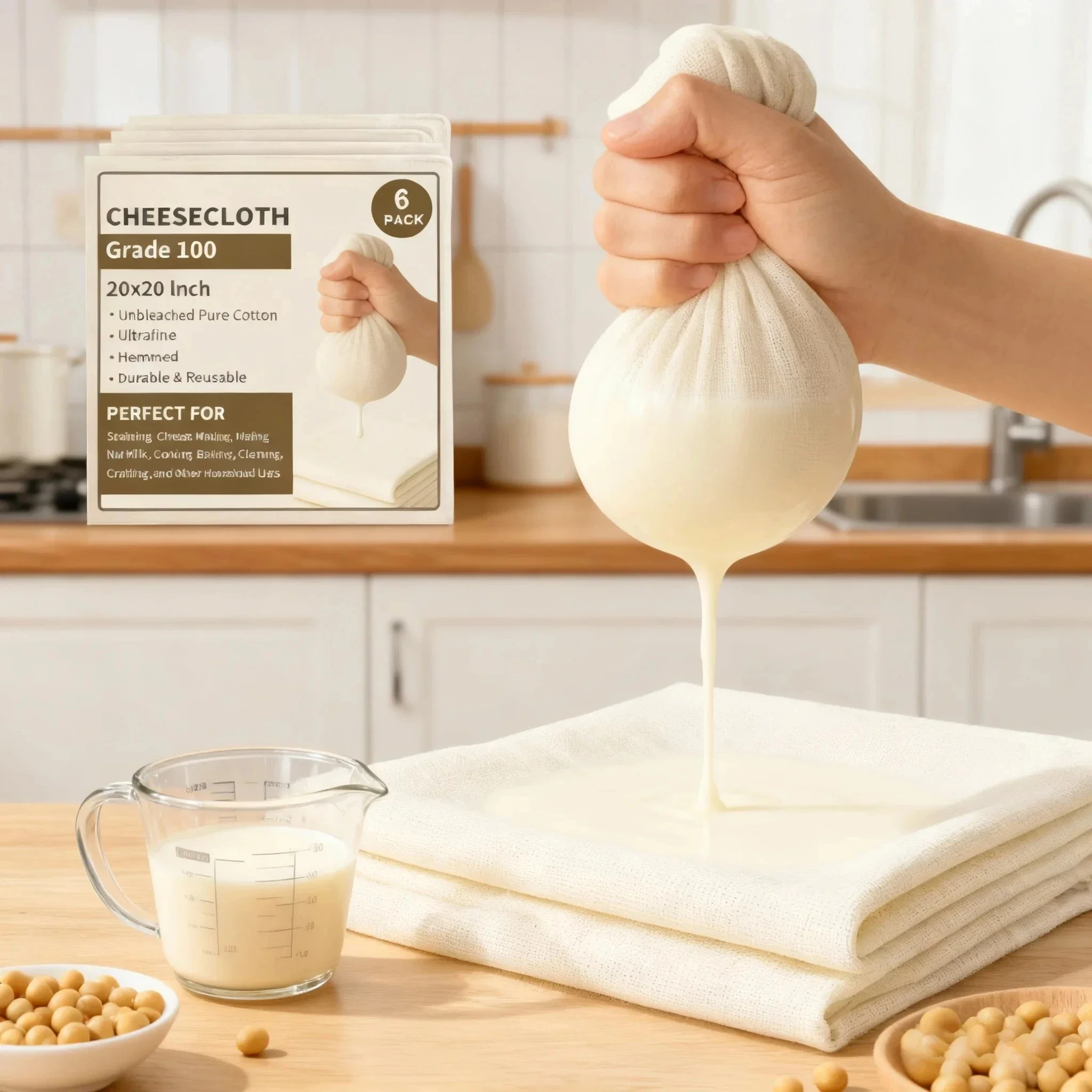 

【6 Pack Square Cheese Making Cloth】 Unbleached Cotton Muslin, Reusable Strainer for Yogurt, Brewing Multi-Use Straining Cloth