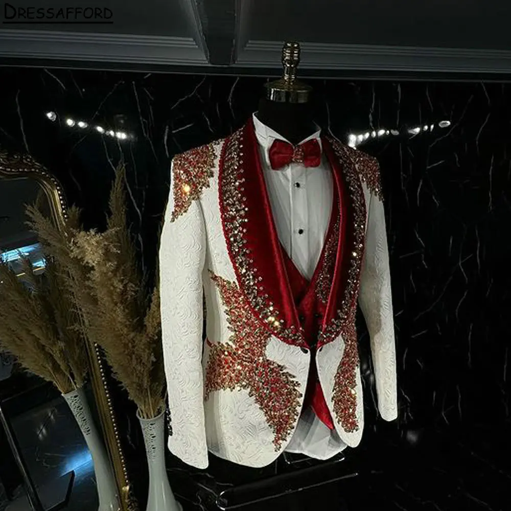 White Jacquard Men Suits For Wedding Groom Tuxedos Red Diamonds Beading 2 Pieces Jacket Pants Prom Blazers Customized