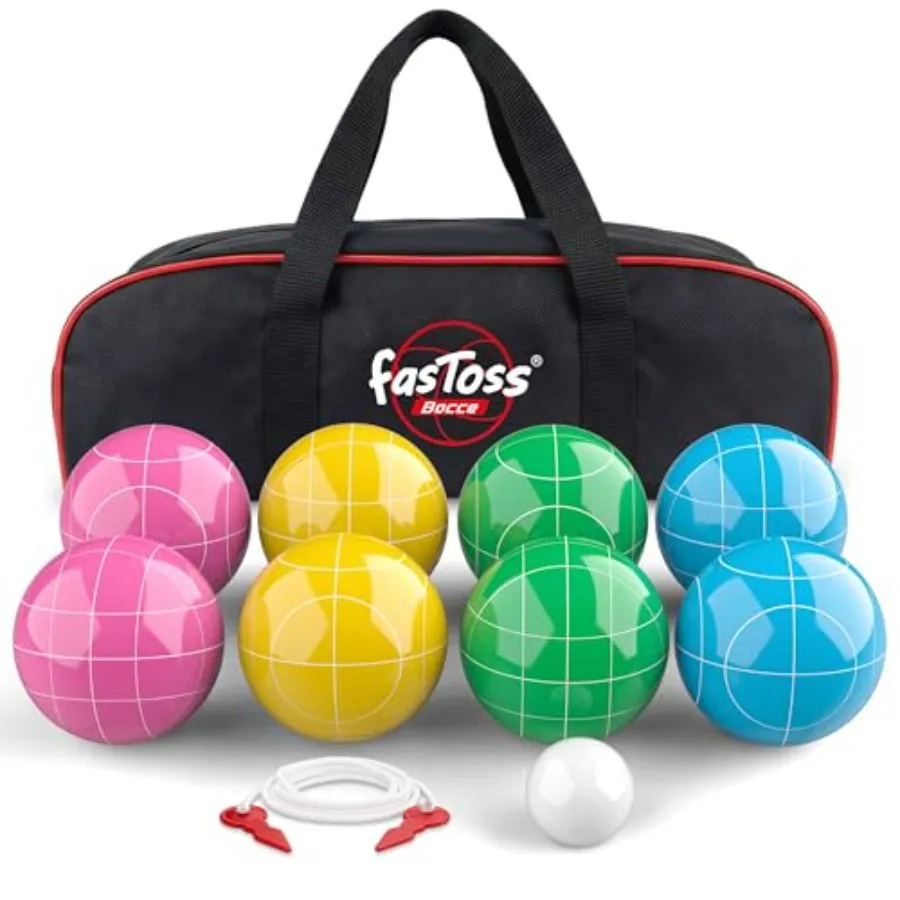 Backyard Lawn And Beach Bocce Ball Set: Solid Resin Balls, Multicolor, Includes Pallino, Measuring Rope, Carry Bag For 2-8 Play