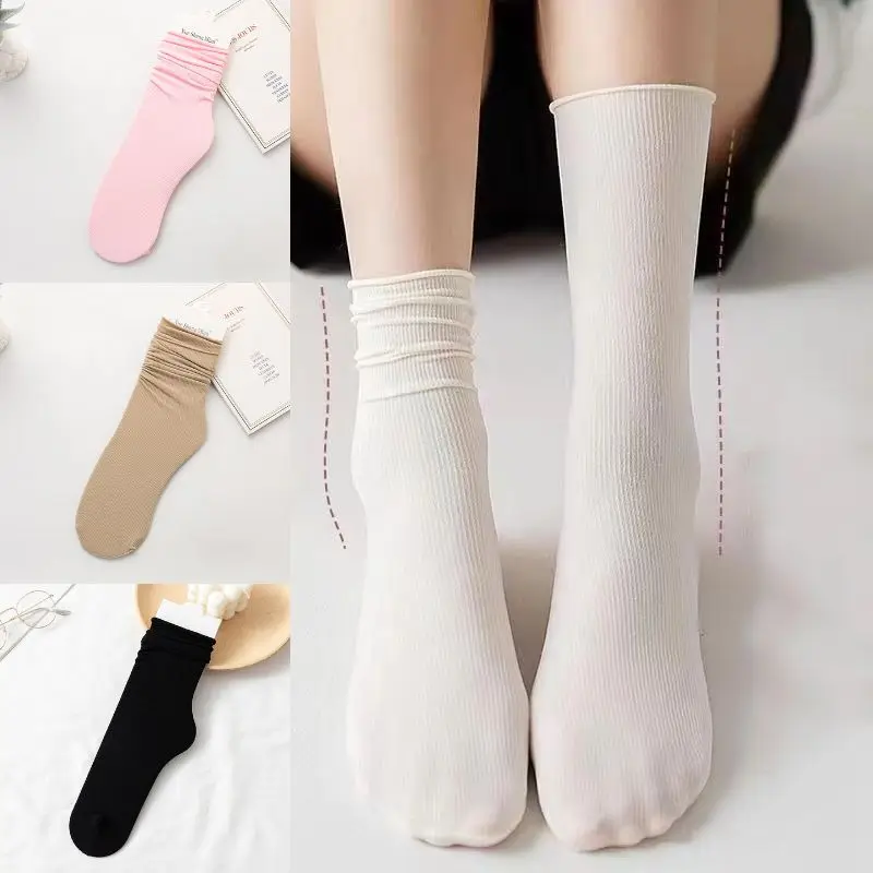 

Summer Thin Solid Color Socks For Women Mid Tube Pile Up Socks Solid Color Casual Socks Soft Breathable Girls Socks