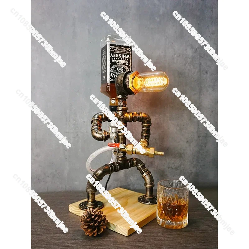 Water pipe robot, industrial style, vintage lamp, coffee shop, restaurant, bar table, decoration, rack wine copper