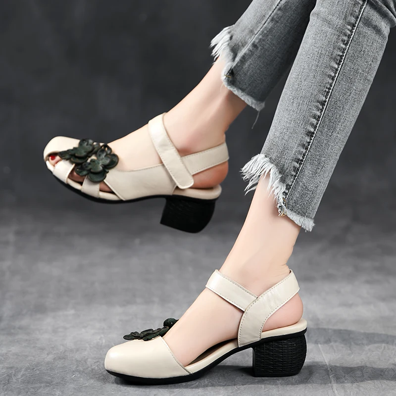 GKTINOO 2024 New Women Sandals Summer Genuine Leather Thick Heels Sandals Retro Style Round Toe Casual High Heel Mom Shoes