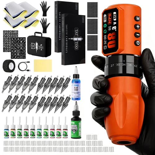 Imagen 2 del producto Kit de Máquina de Tatuar Inalámbrica Negra/Naranja, Pluma de Tatuar con Carrera Ajustable, Motor Sin Núcleo, con Aguja de Tatuar, Taza para Tinta de Tatuar