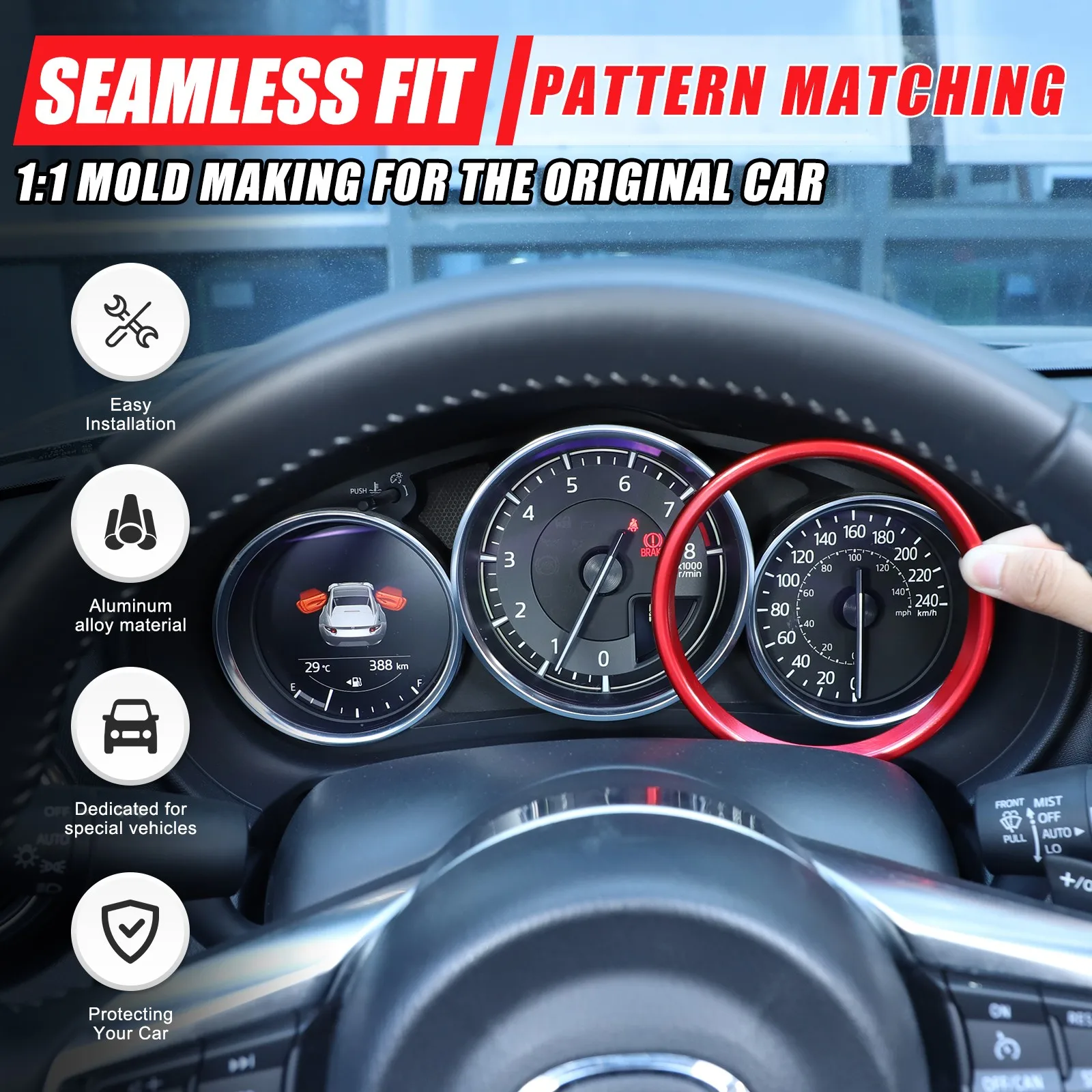 

Red Aluminum Car Instrument Speedmeter Ring Decorative Trim For Mazda MX-5 Fiat 124 Abarth 124 2016-2025 Tachnometer Ring Cover