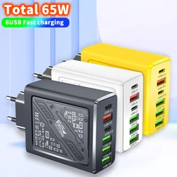 Total 65W USB Charger Muti 6 Ports Type C Quick Charge QC 3.0 Mobile Phone Wall Adapter Fast Charging For iPhone Xiaomi Samsung