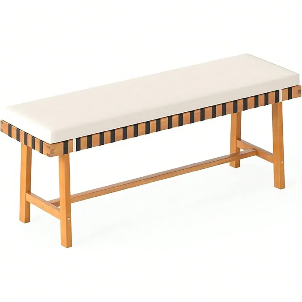 

Acacia Wood Bench With Cushion, Breathable Rope Seat, Patio Dining Bench For Entryway Garden Poolside Balcony