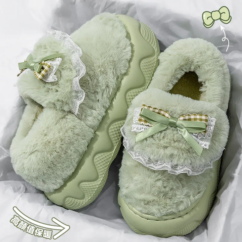 

‌Women's Winter Fluffy Slippers Woman Thick Non-Slip Warm Plush Green Furry Slides Cute Bowknot Ruffled Boot Indoor Home Shoes