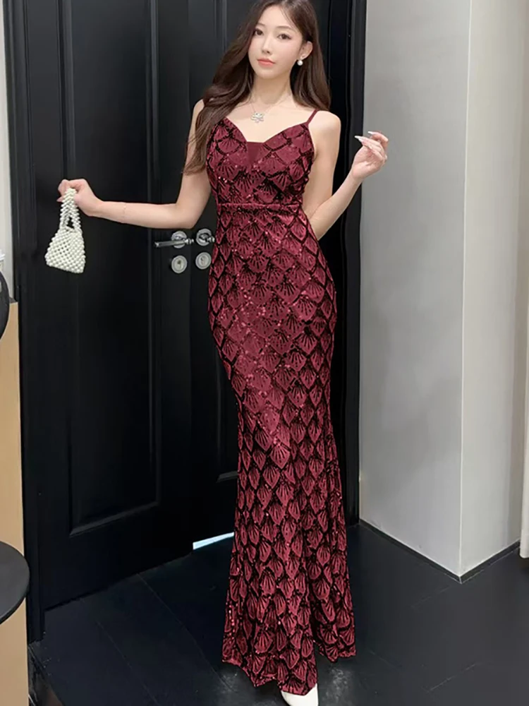 Printemps automne paillettes Plaid col en v Sexy robe à bretelles femmes élégant luxe danse robe de soirée 2025 coréen moulante à volants robes