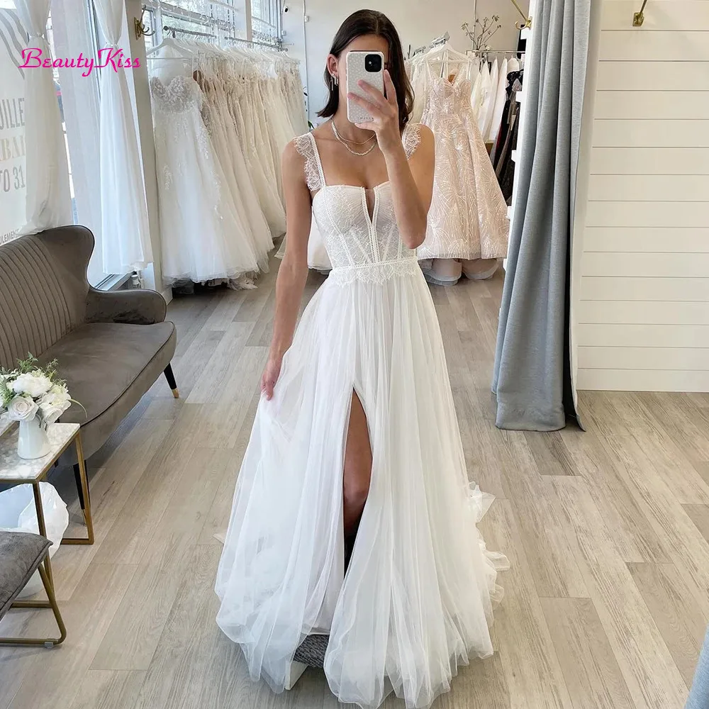 Einfache Hochzeit Kleider Schatz Boho Lange Hochzeit Kleider Sexy Seite Split Tüll Elegante Braut Kleid vestidos de novia