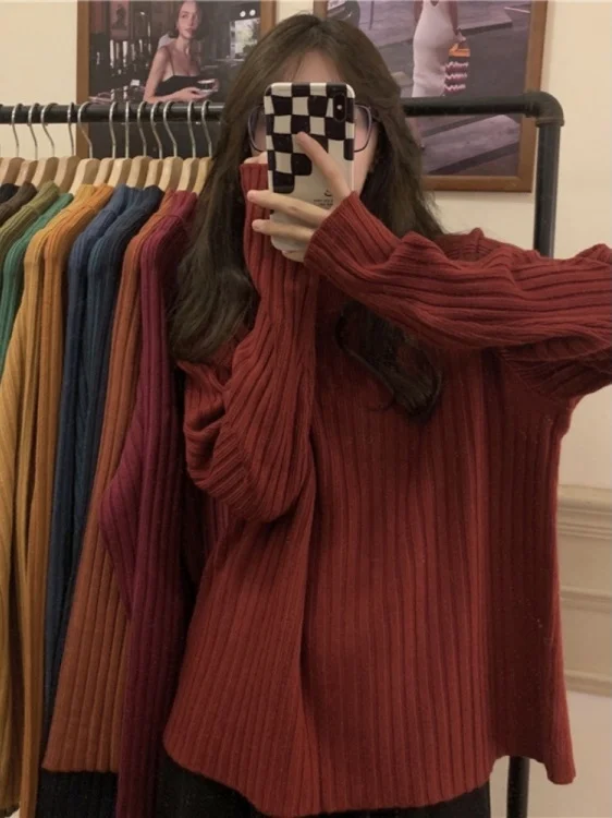 

Retro f High Collar Sweater Women's Spring Versatile Lazy Sle Loose Long Sve Inner And Outer Wear Knitted Trendy Top
