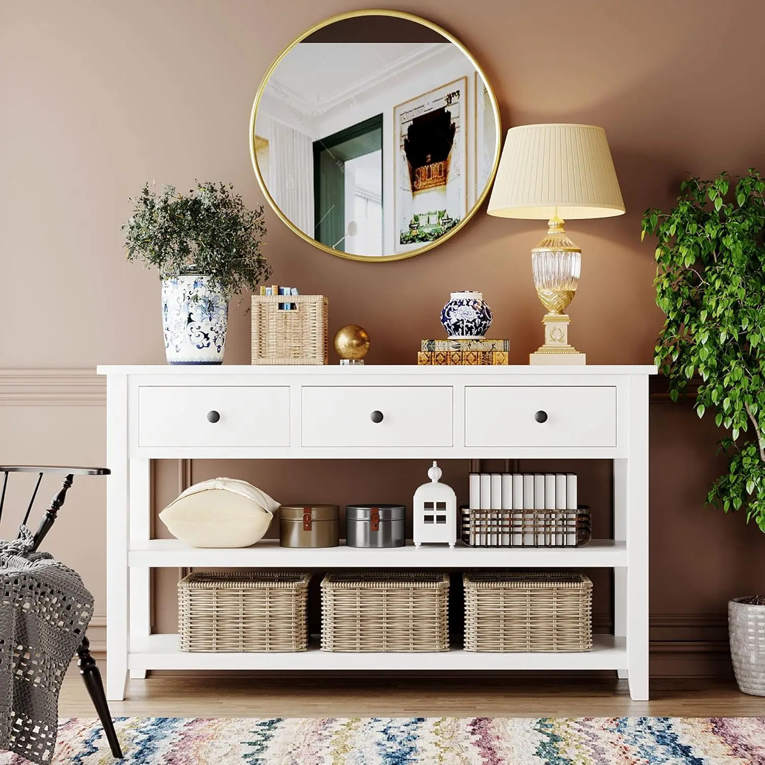 

Retro Console Table Entryway Table Sofa Table Foyer Table with 3 Top Drawers & 2 Open Storage Shelves for Living Room Entryway