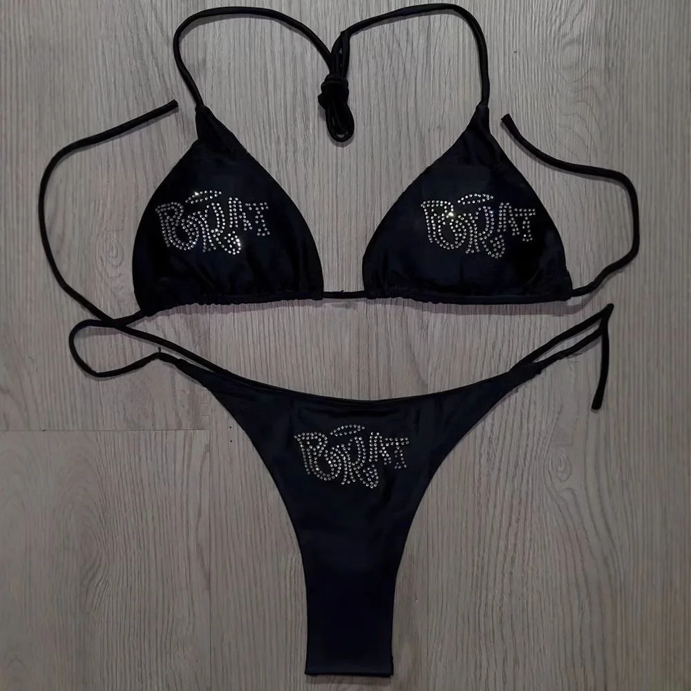 Summer Beach Sea Gothic Fashion Punk Spicy girl style Letter Hot Diamond Hanging Neck Sexy Backless Vacation Bra set Slim