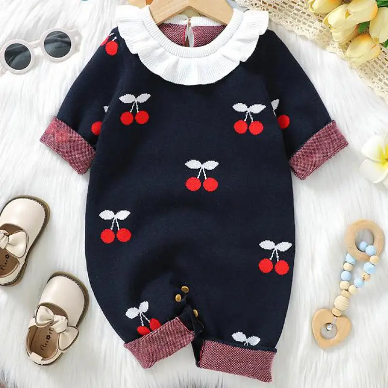 Autumn Winter Baby Clothes Infant Knitted Cherry Lotus Collar Romper Fashion Boy Girl Knitting Jumpsuit Kid Casual One-piece