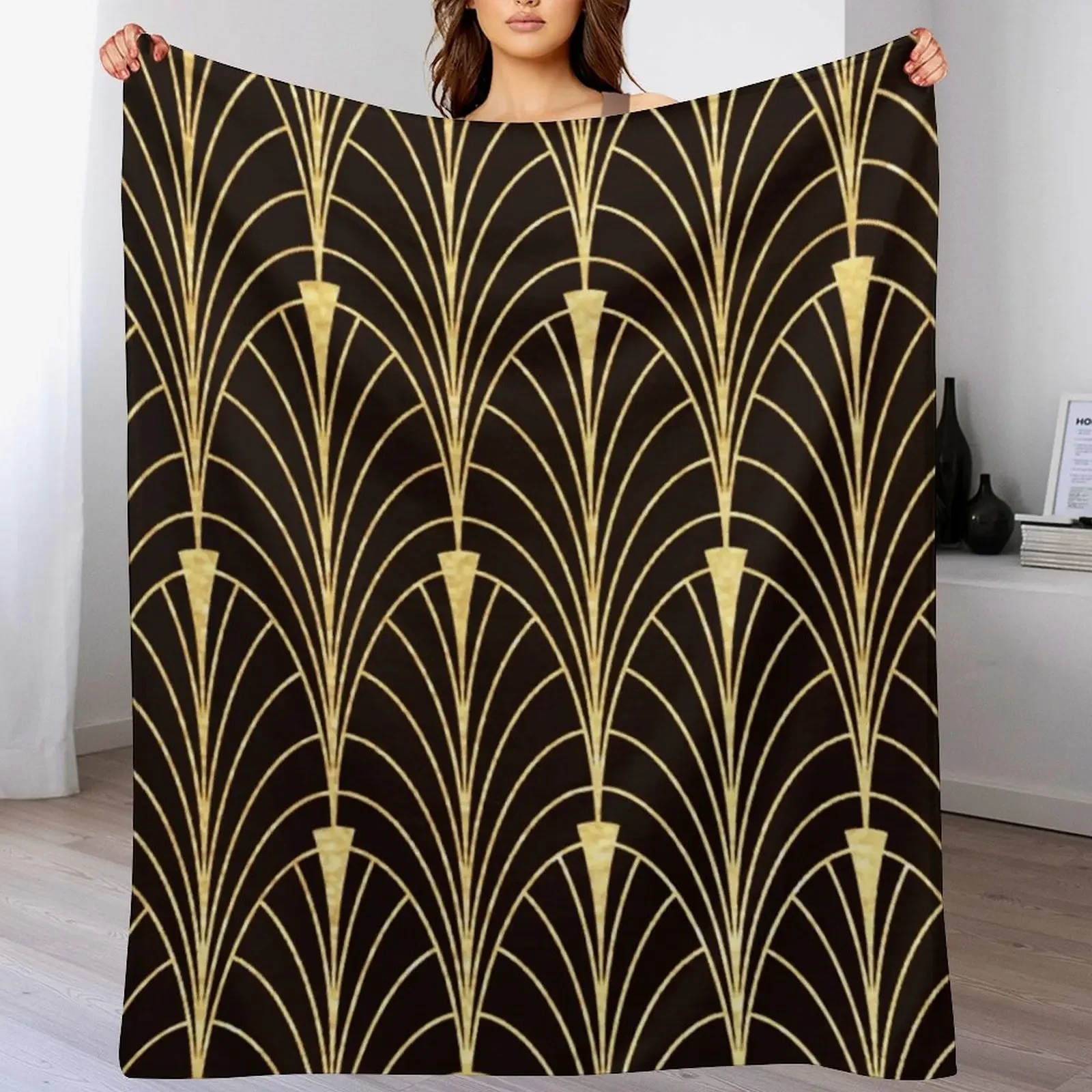 Sophisticated Glitzy (Faux) Gold Art Deco Pattern Throw Blanket Thermal Flannel Camping Blankets