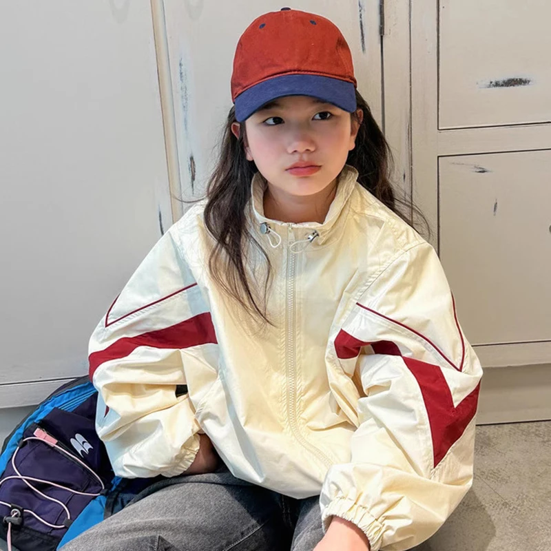 Spring Autumn Kids Windbreaker Coat Teen Girls Color Block Zipper Long Sleeve Outerwear Children Loose Casual Jacket  123