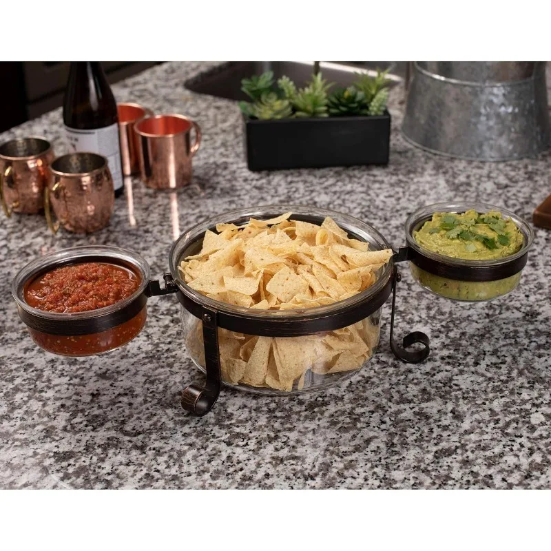 Chip and Dip Serving Bowl Set - Triple Glass Bowls with Metal Frame - For Party Appetizers, Taco Platter