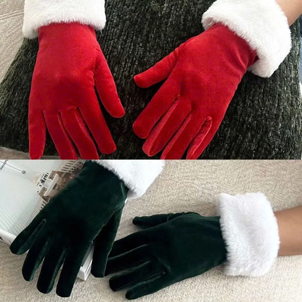 22/50cm Christmas Party Gloves Red Gold Velvet White Plush Full Finger Gloves Festive Christmas Costume Accessories Mittens