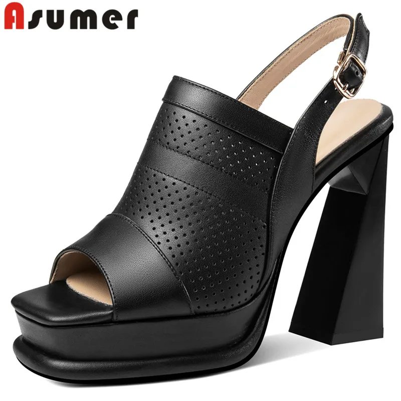 

ASUMER 2024 New Genuine Leather Slingbacks Sandals Women Buckle Ladies Dress Back Strap Shoes Thick High Heels Platform Sandals