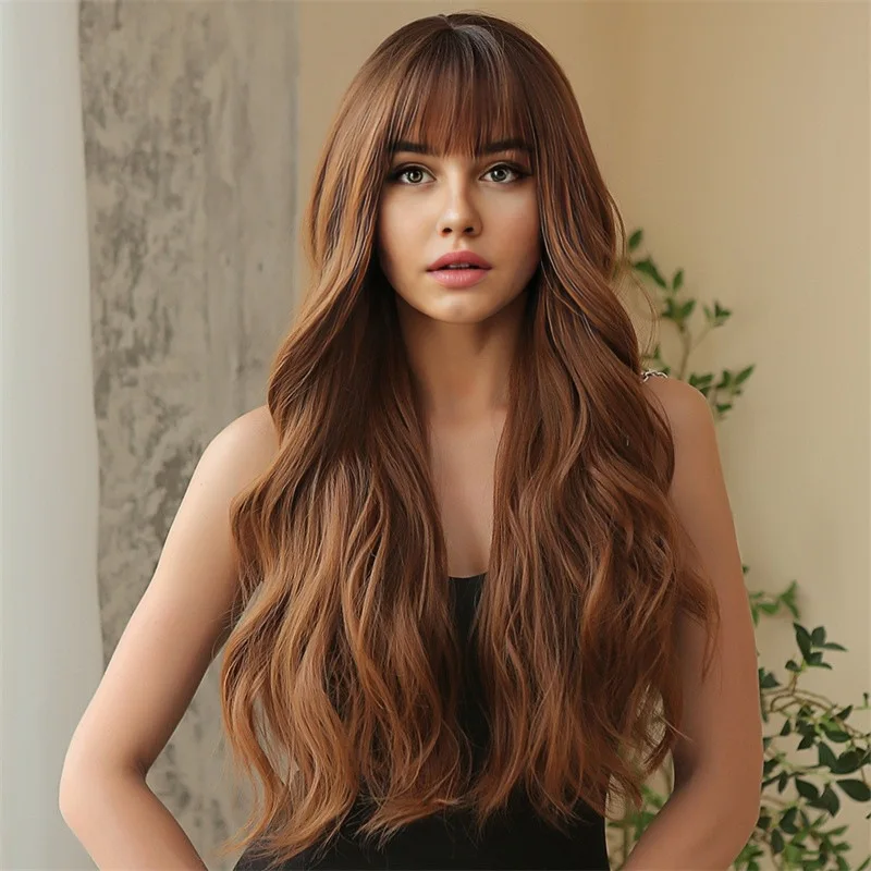 Brown Big Wavy Curly Wig Goddess Hot Girl Long Curly Hair Bangs Long Hair New Wig Set for Daily or Cosplay Parties