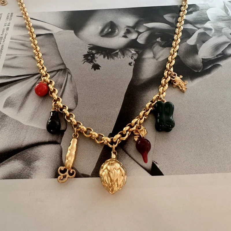 Vintage Sweet Cool Colorful Enamel Fruit and Vegetable Multi-Sweater Chain Pendant Necklace for Women