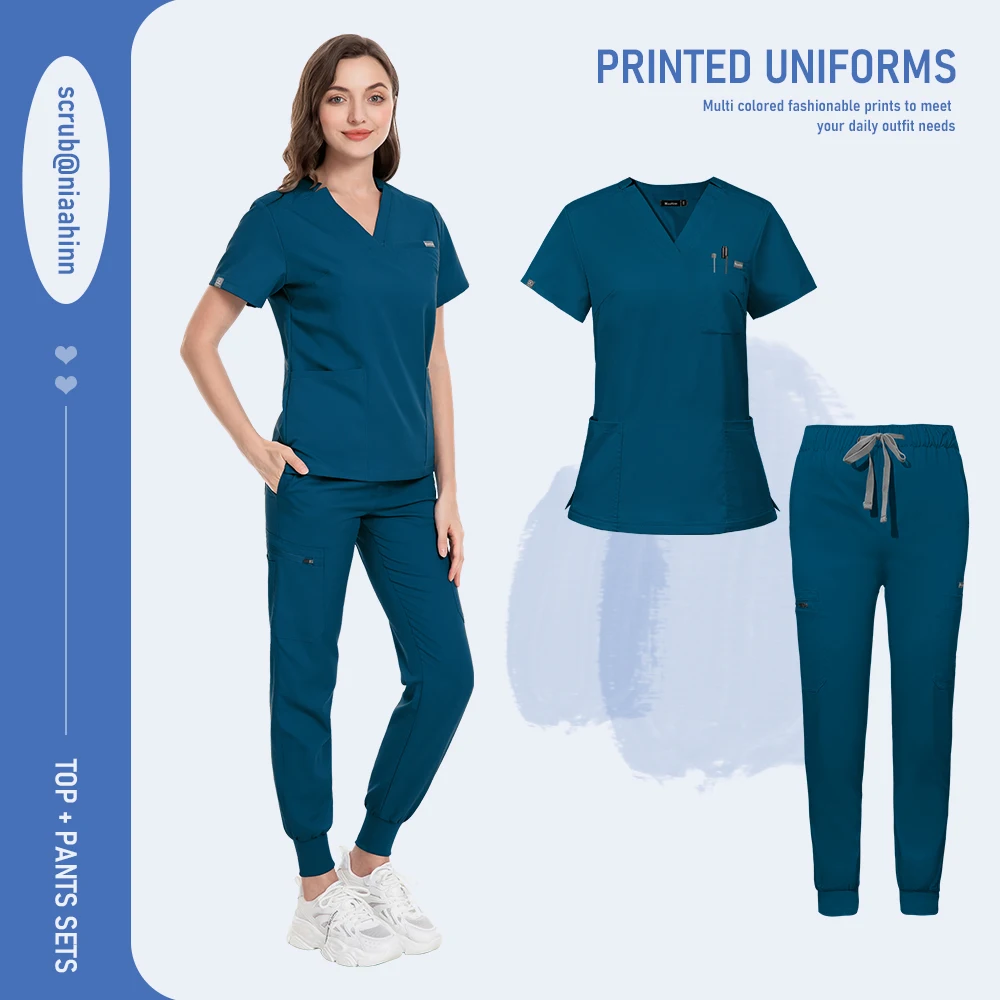 Niaahinn Uniform Schönheitssalon Haustier Krankenhaus Medizinisches Peeling Krankenpflege Krankenschwester Peeling V-Ausschnitt Tops Scrub Jogger Sets Hochwertige Uniformen – Detail 10