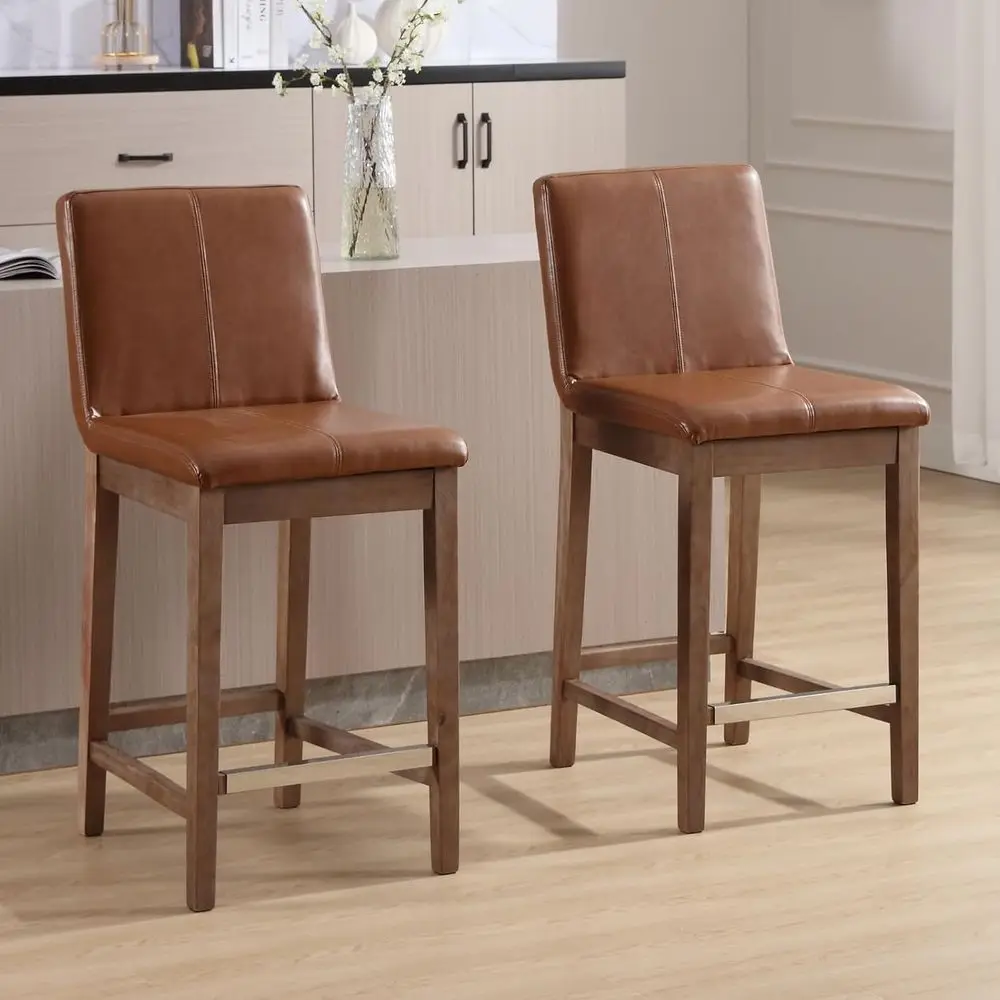 Set of 2 Leather-Cushioned Bar Stools with Backrests and Distressed Wood Legs, 26 Square, Brown for Kitchen Island or Patio