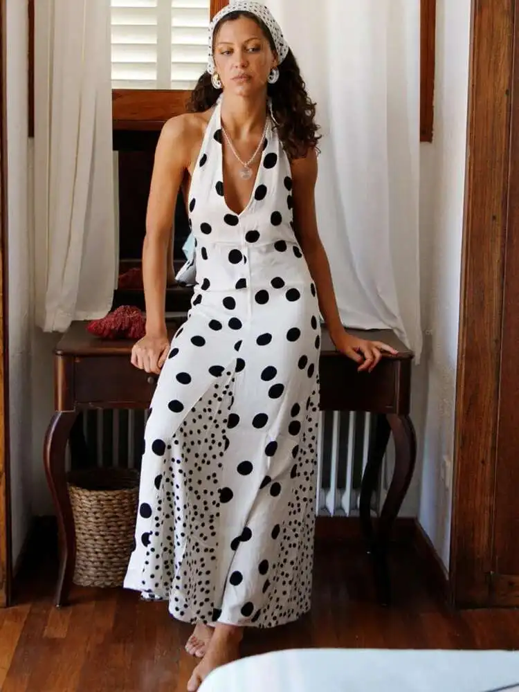 

Fantoye Sexy Backless Print Polka Dot Halter Women Maxi Dress White High Waist Evening Dress Summer Slim Elegant Party Clubwear